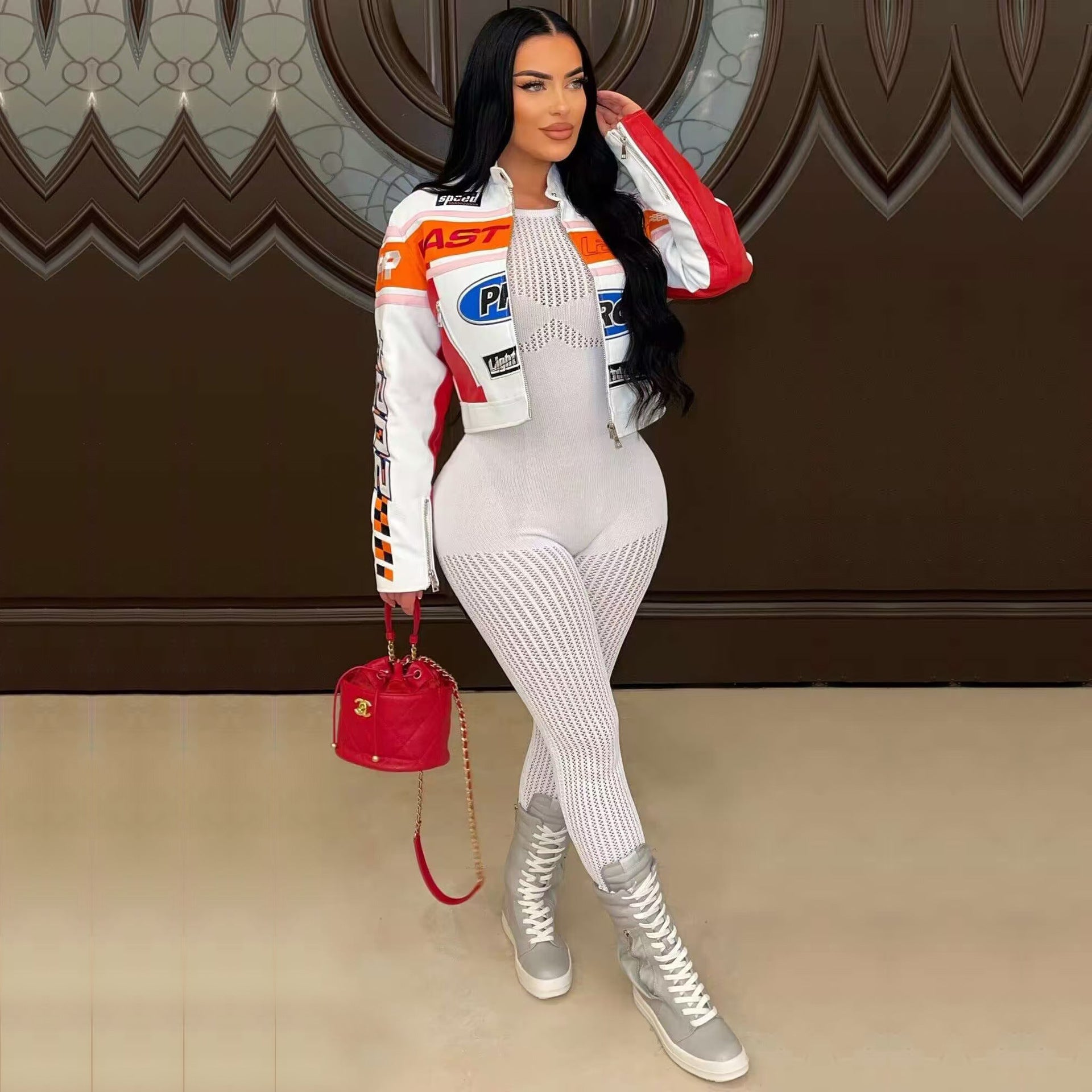 Autumn And Winter High Street Print Stand Collar Short Zipper Jacket 4