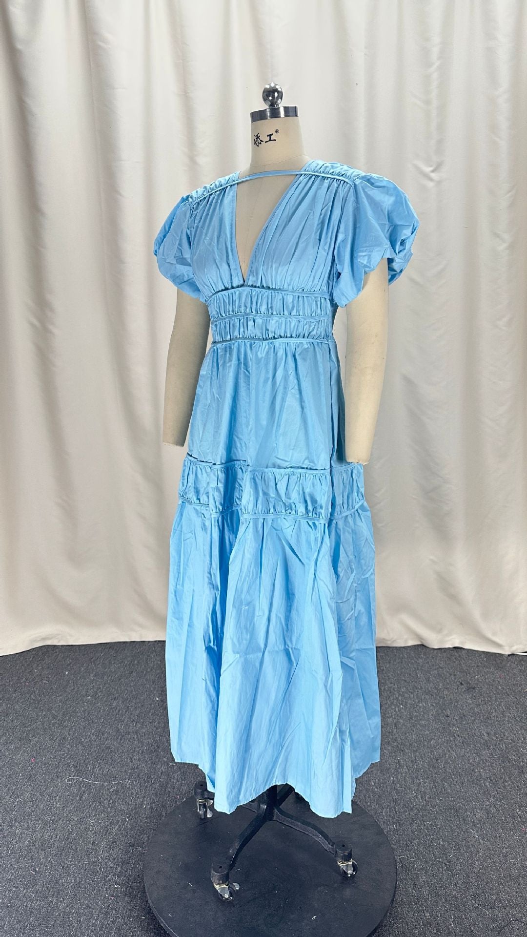 Women Spring V-Neck Zipper Puff Sleeve Hollow Maxi Dress 11