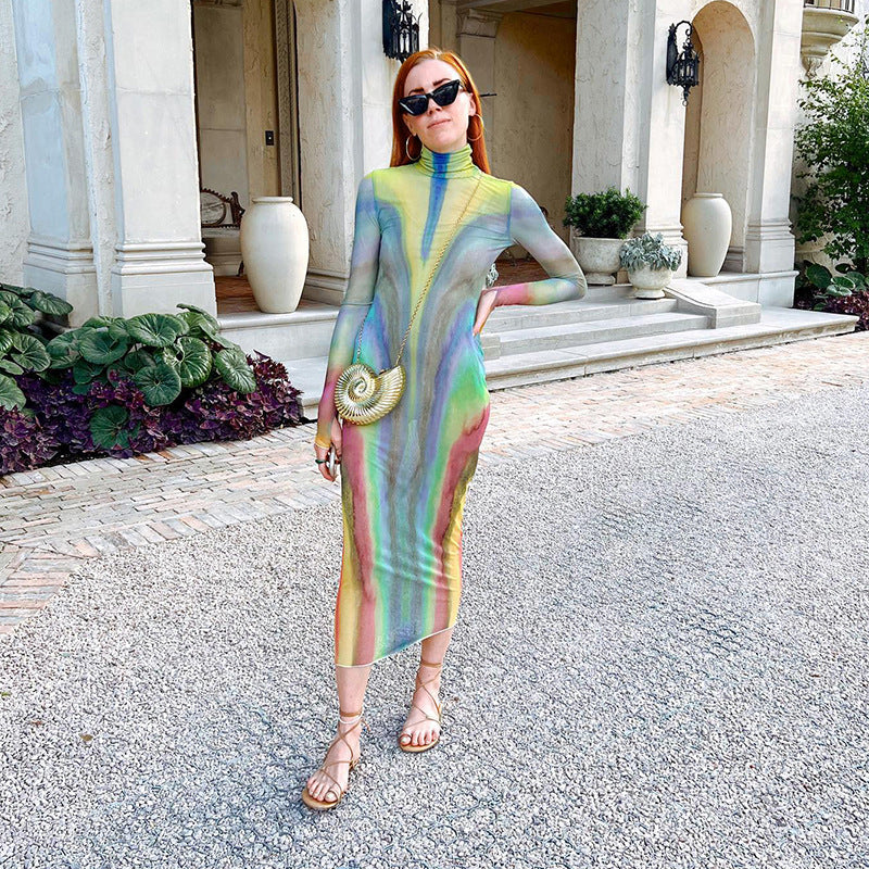 Women Autumn Sexy Mesh See-Through High Neck Long Sleeve Dress 6