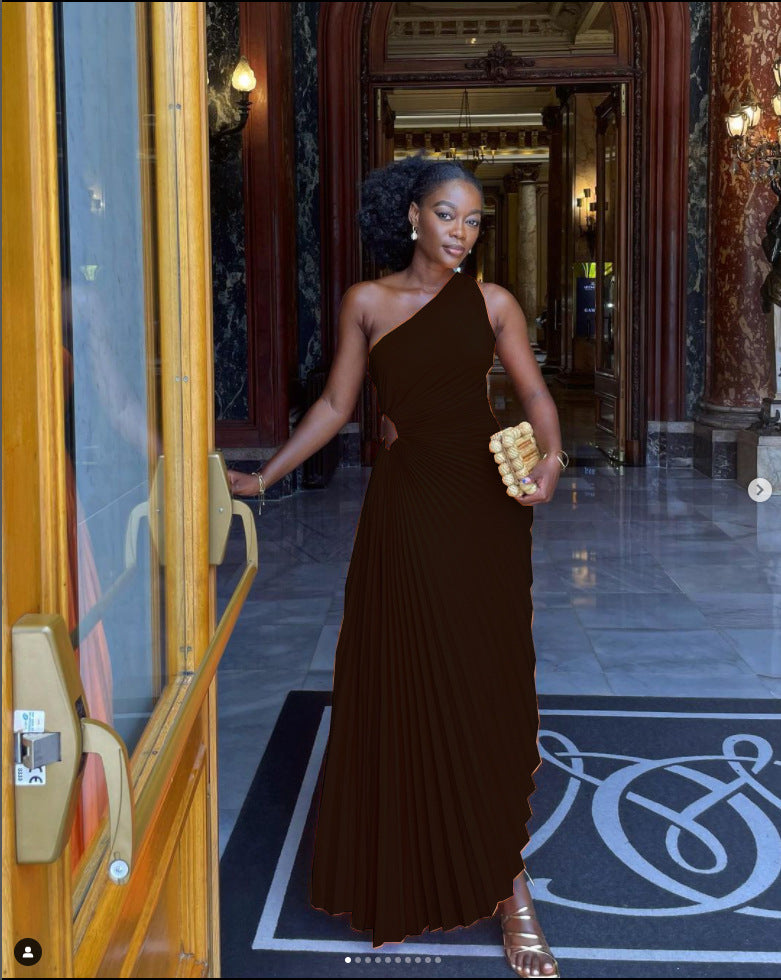 Elegant Slim Fit One Shoulder Cutout Pleated Gown Dress 5