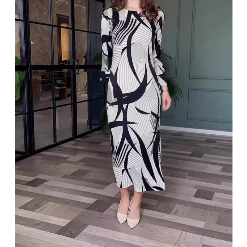 Women's Autumn Fashion Chic Elegant Printed Long Sleeve Split Midi Dress 4