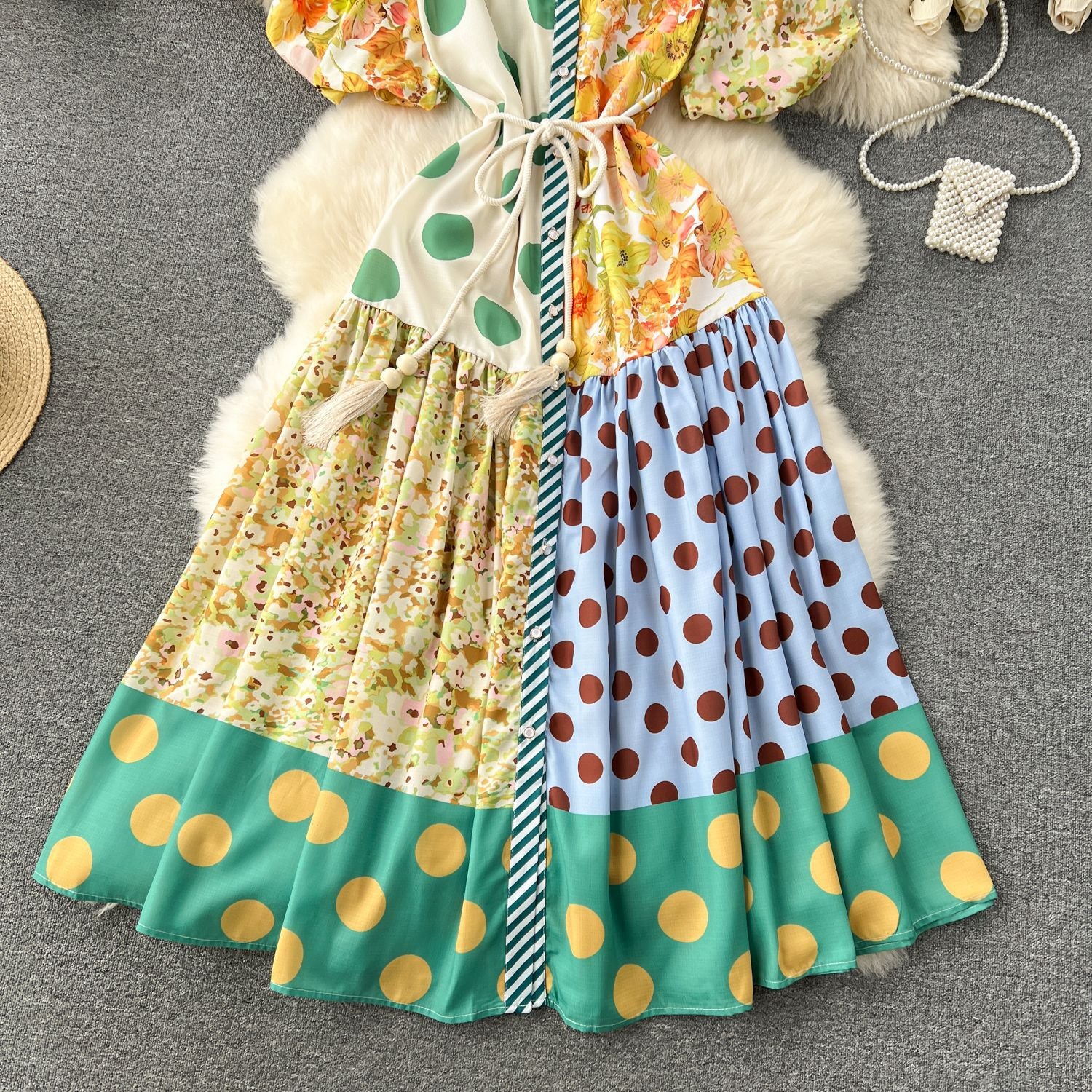 Color Block Patchwork Trendy Puff Sleeve Loose Flared Polka Dot Maxi Dress 4