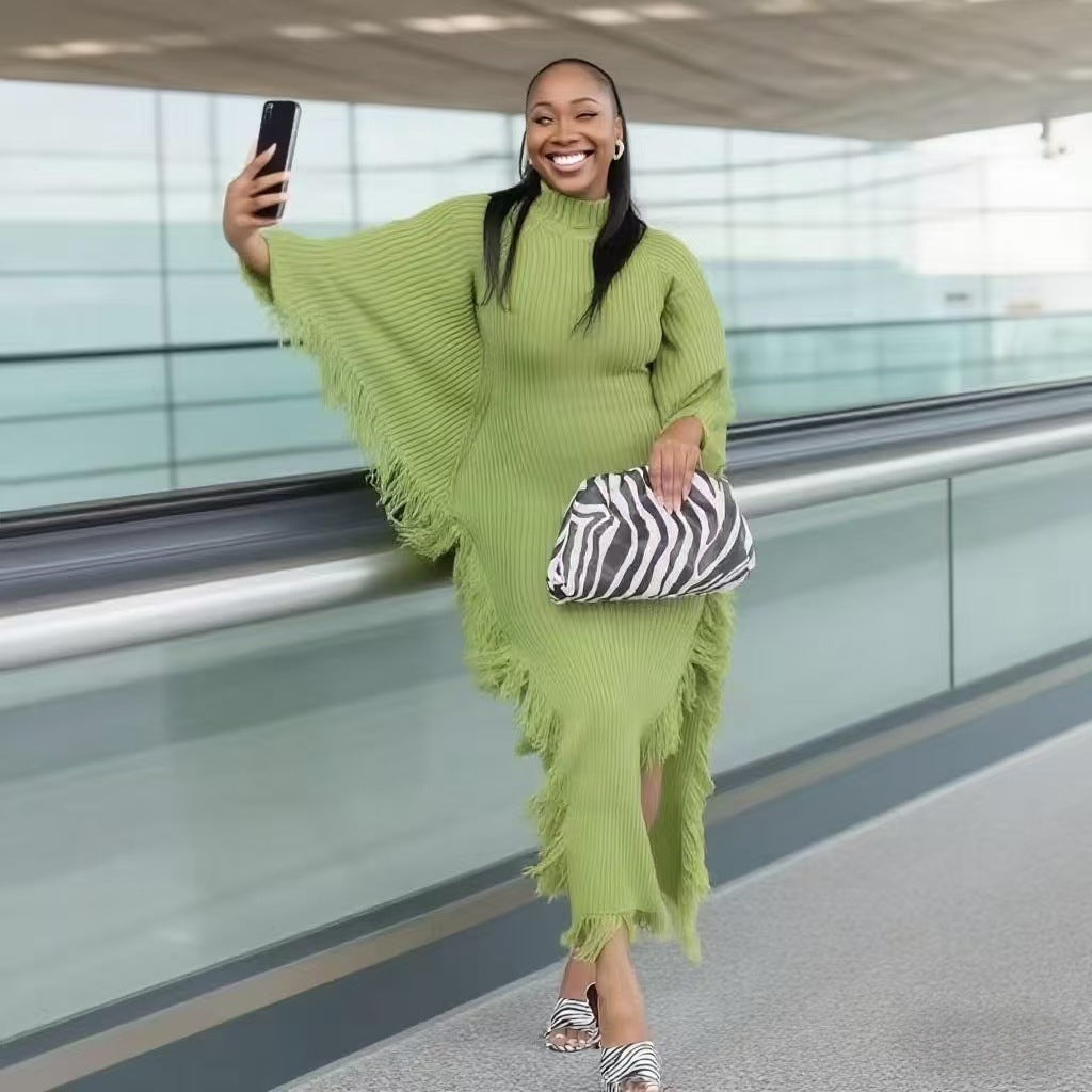 Crochet Fringe Solid Color Round Neck Bat Sleeve Long Knit Dress 8