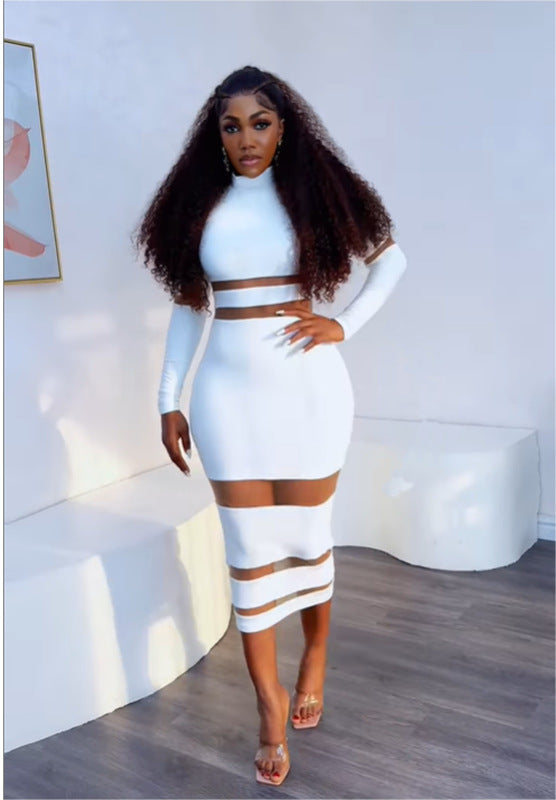 Sexy Mesh Patchwork High Neck Slim Long Dress