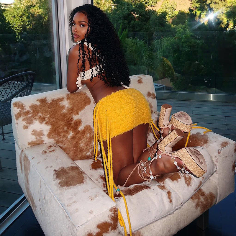 Women Summer Street Trend Solid Knitting Tassel Bodycon Skirt 5