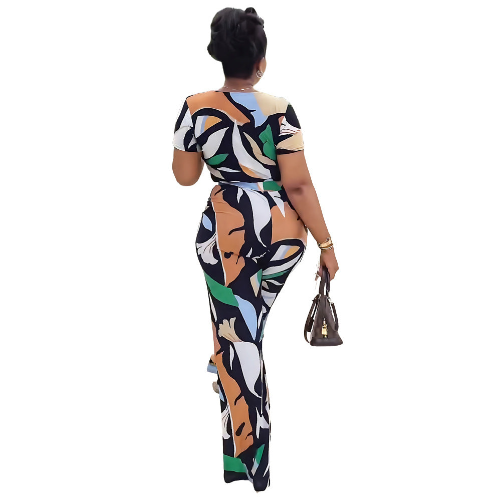 Women printed short-sleeved Casual Top and high-waisted trousers two-piece set 6