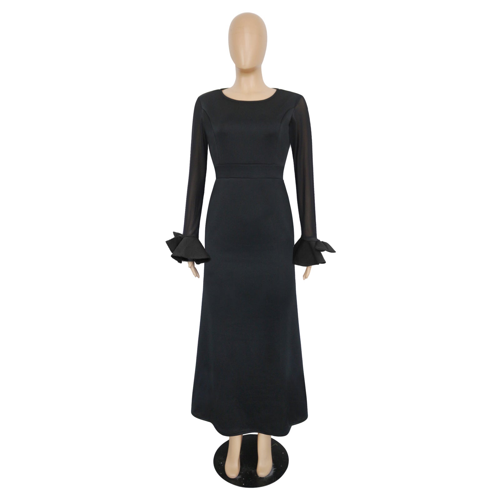 Women's Round Neck Long Sleeve Mesh Patchwork Maxi Dress Solid Plus Size Dress 20