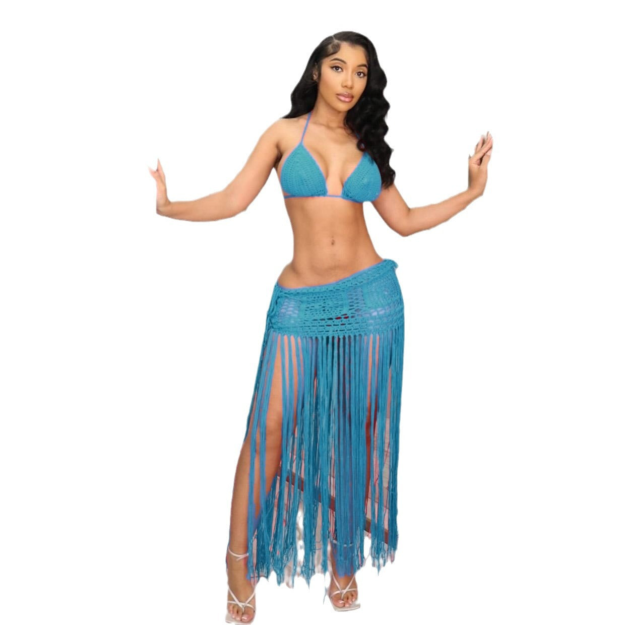 Women's Crochet Solid Color Bikini Top Tassel Beach Skirt Two Piece Set 9