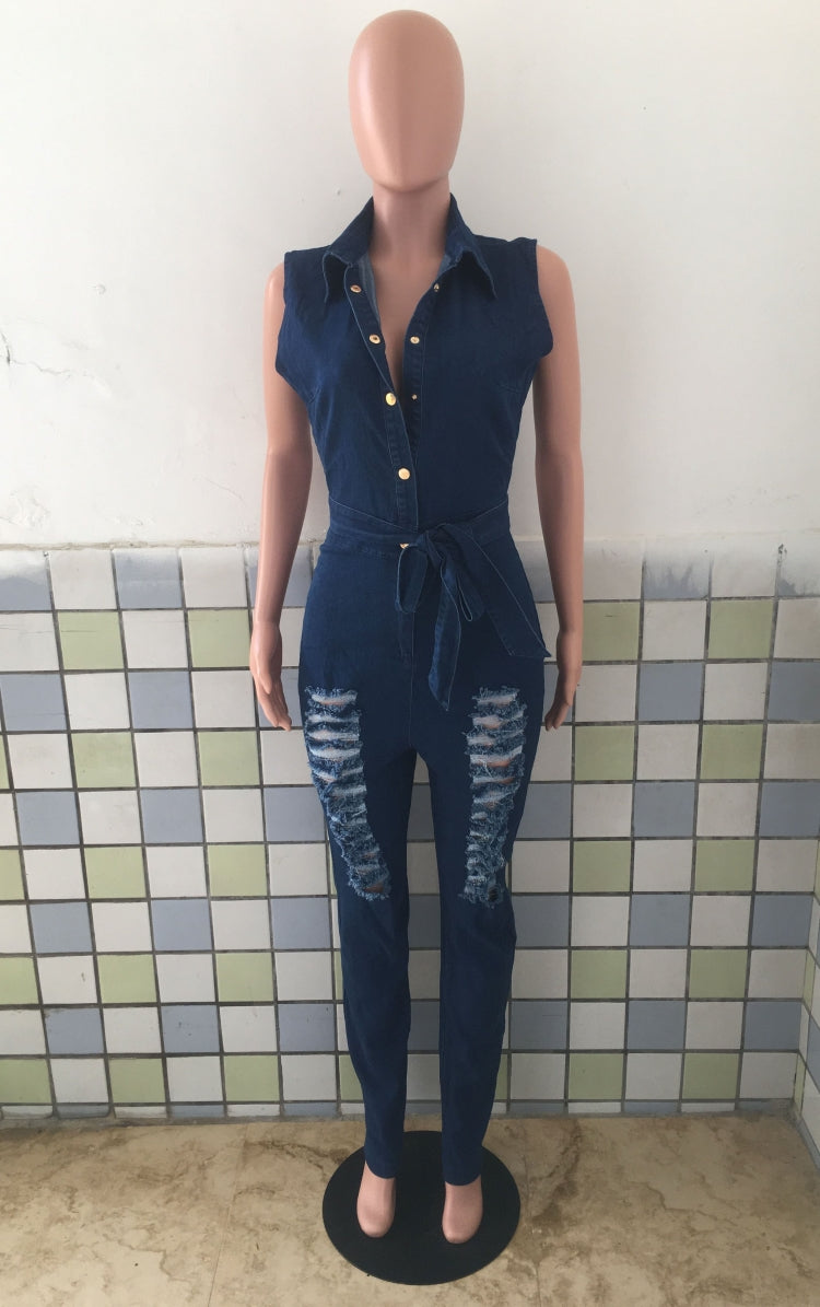 Summer Button Up Ripped Sleeveless Denim Jumpsuit with Belt 4