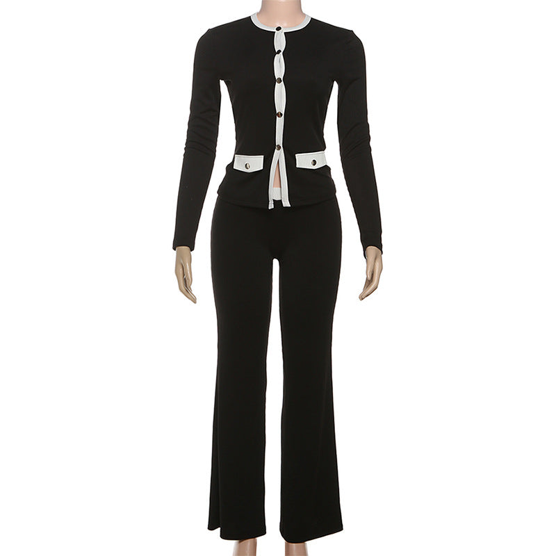 Women's Autumn Style Round Neck Button Contrast Color Long Sleeve Top & High-Waist Slim Fit Pants Set 9