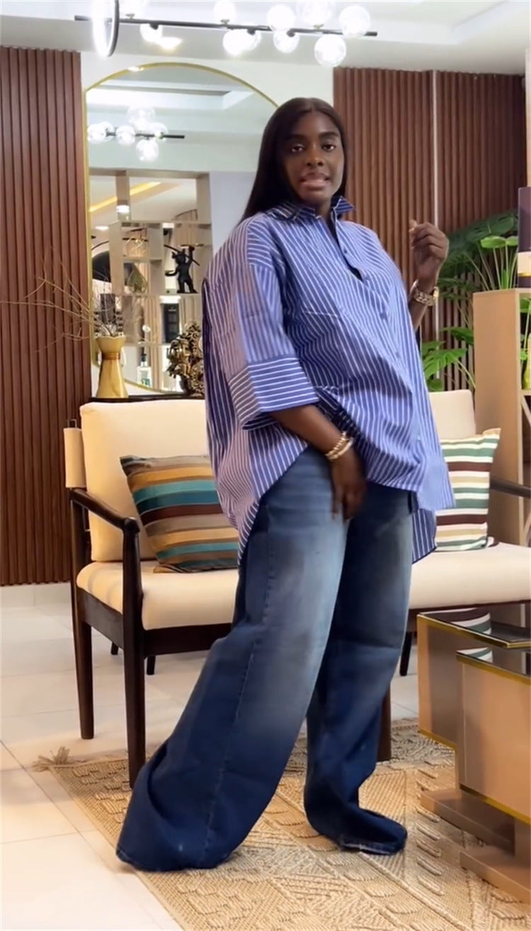 Women summer blue striped long-sleeved shirt Top 4