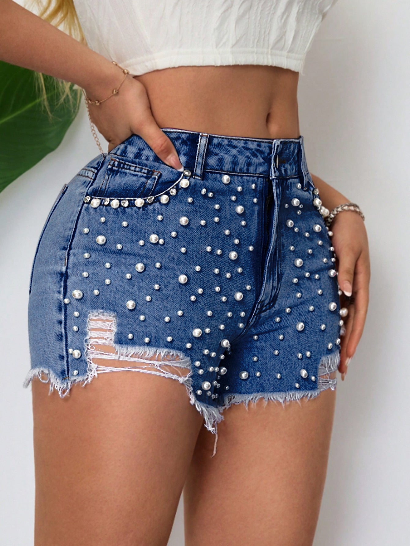 Women's Pearl-Embellished Fashion Denim Shorts 5
