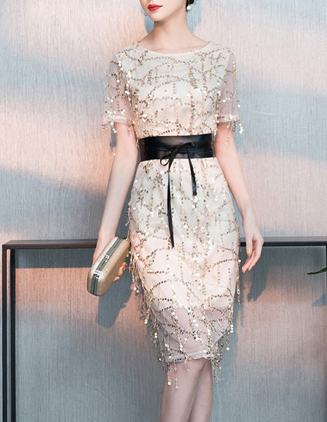 Tassel sequin lining high Elastic Satin with belt Maxi Slim Fit Chic dress party dress 3