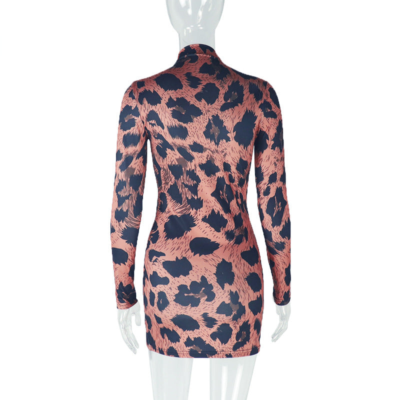 Women Elegant Printed Leopard Sexy Bodycon Stand Collar Long Sleeve Dress 6