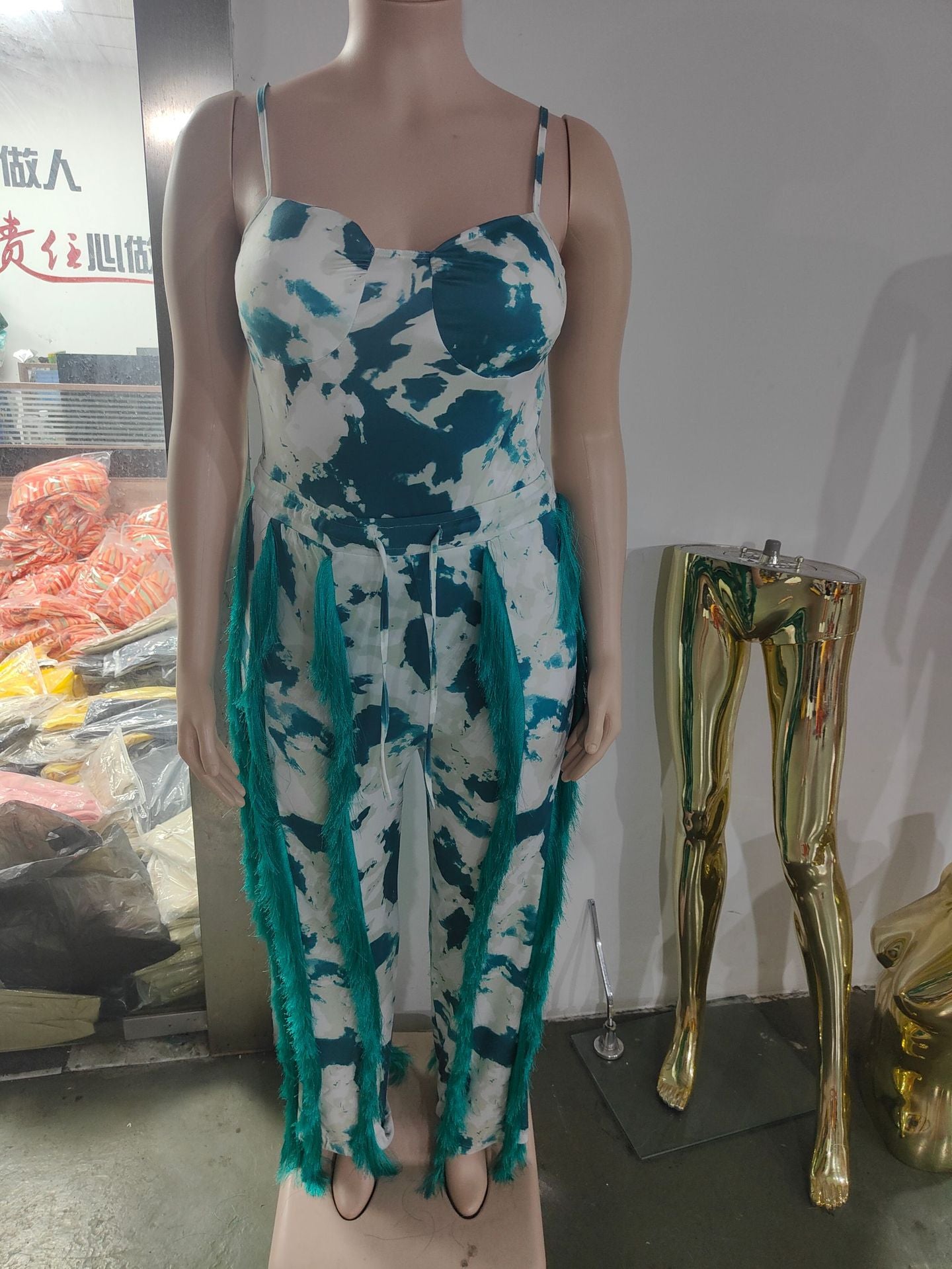 Women's Two-piece Pants V-Neck One-Piece bodysuit Top Sexy Tie-Dye Tassel Trousers Set 15