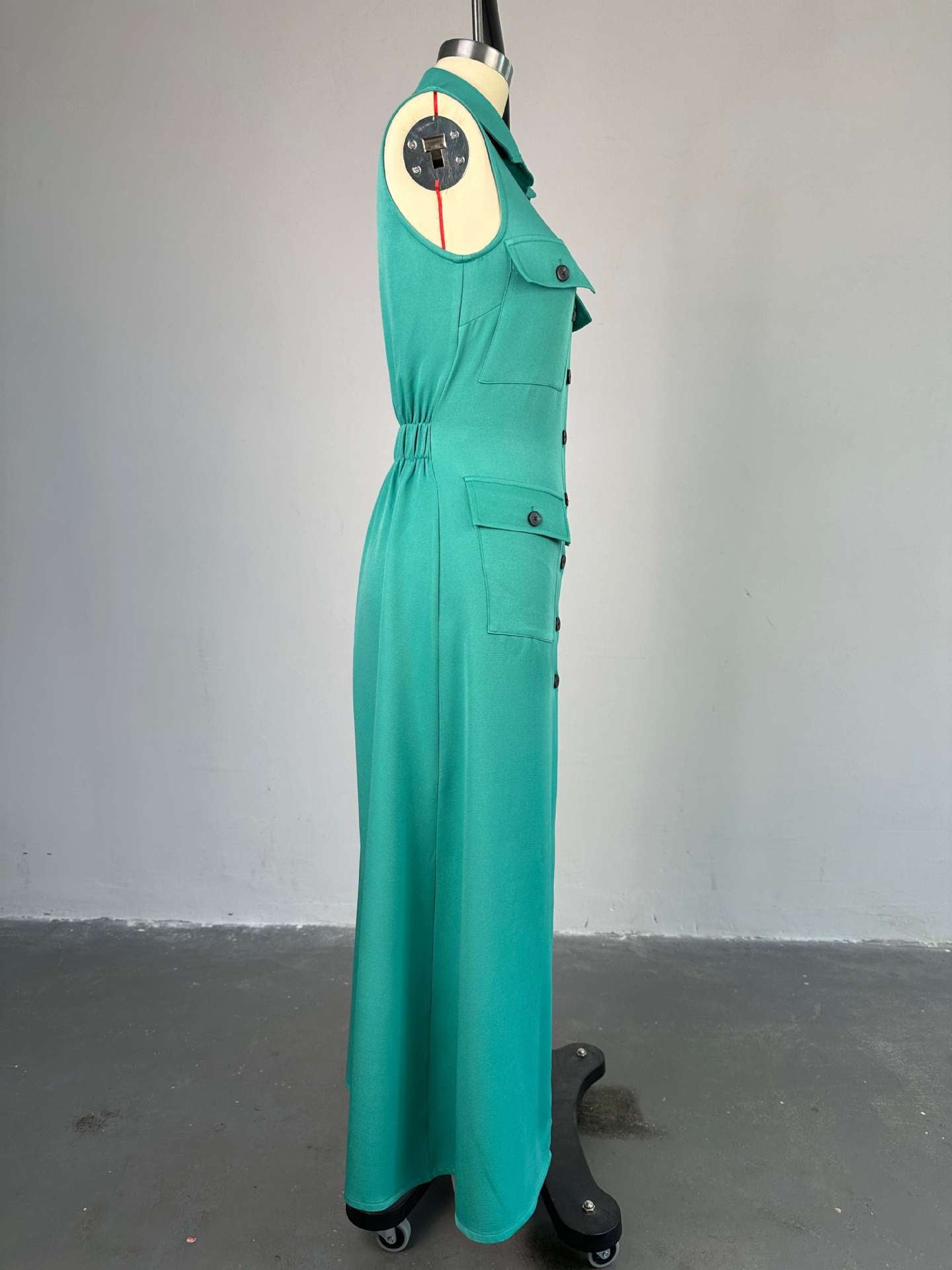 Women Summer Turndown Collar Sleeveless Patch Pocket Dress 8