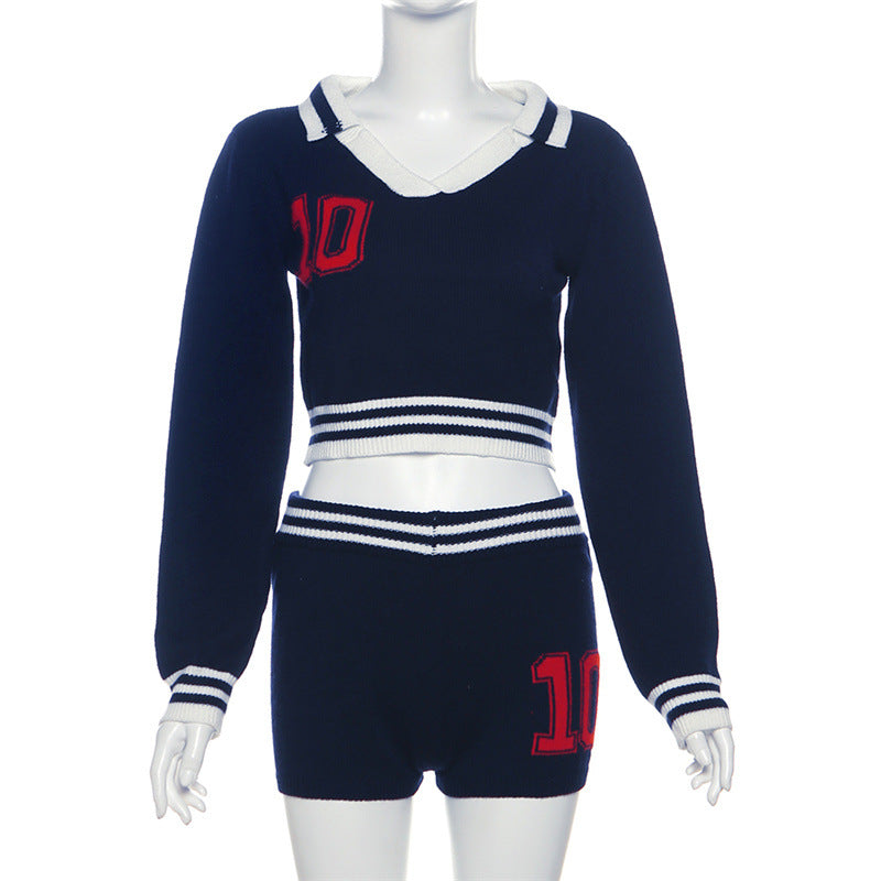 Women Sexy Long Sleeve Crop Top and shorts knitting Two Piece Set 10