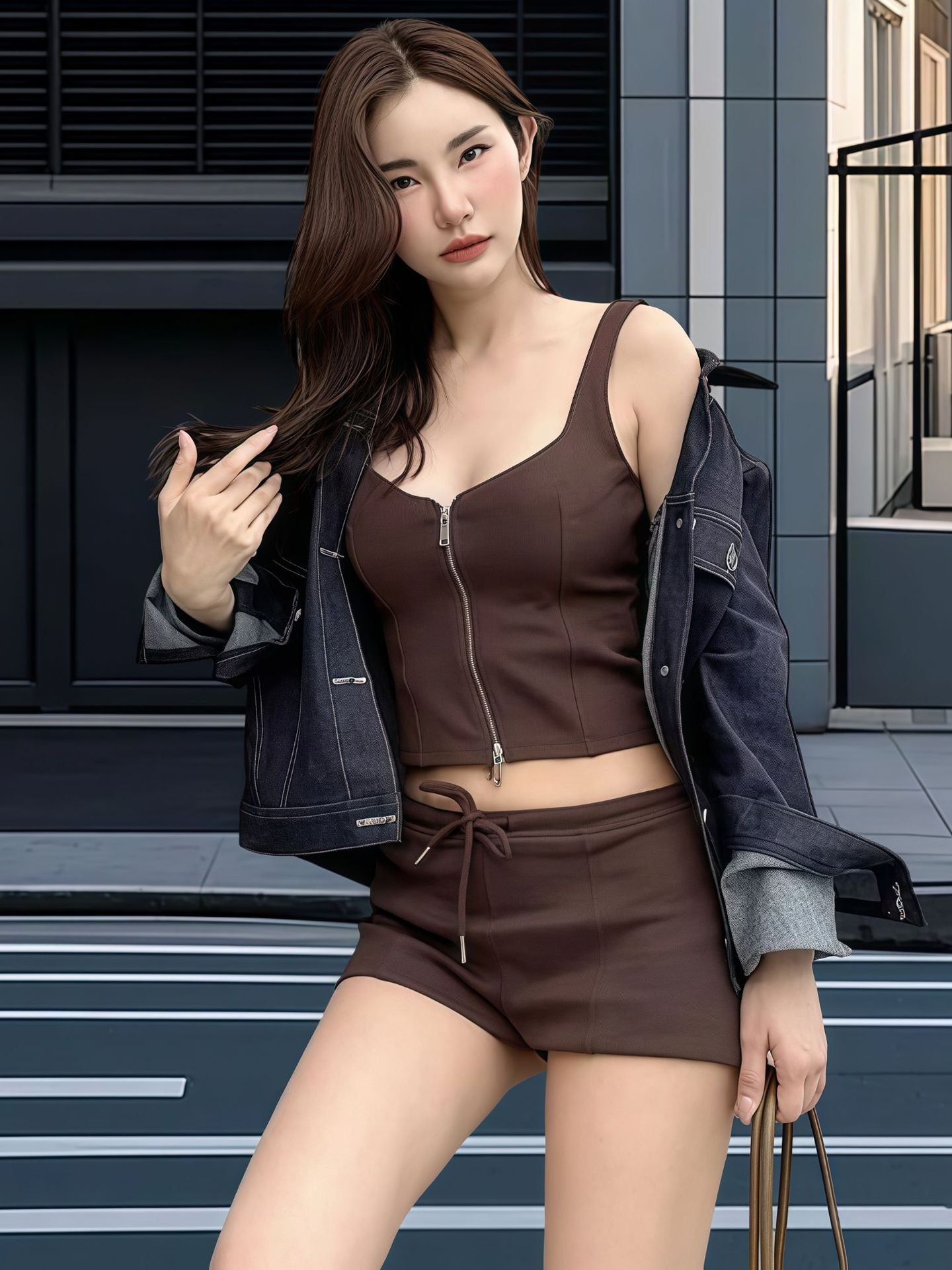 Women zippered vest top with drawstring and shorts two-piece set 11