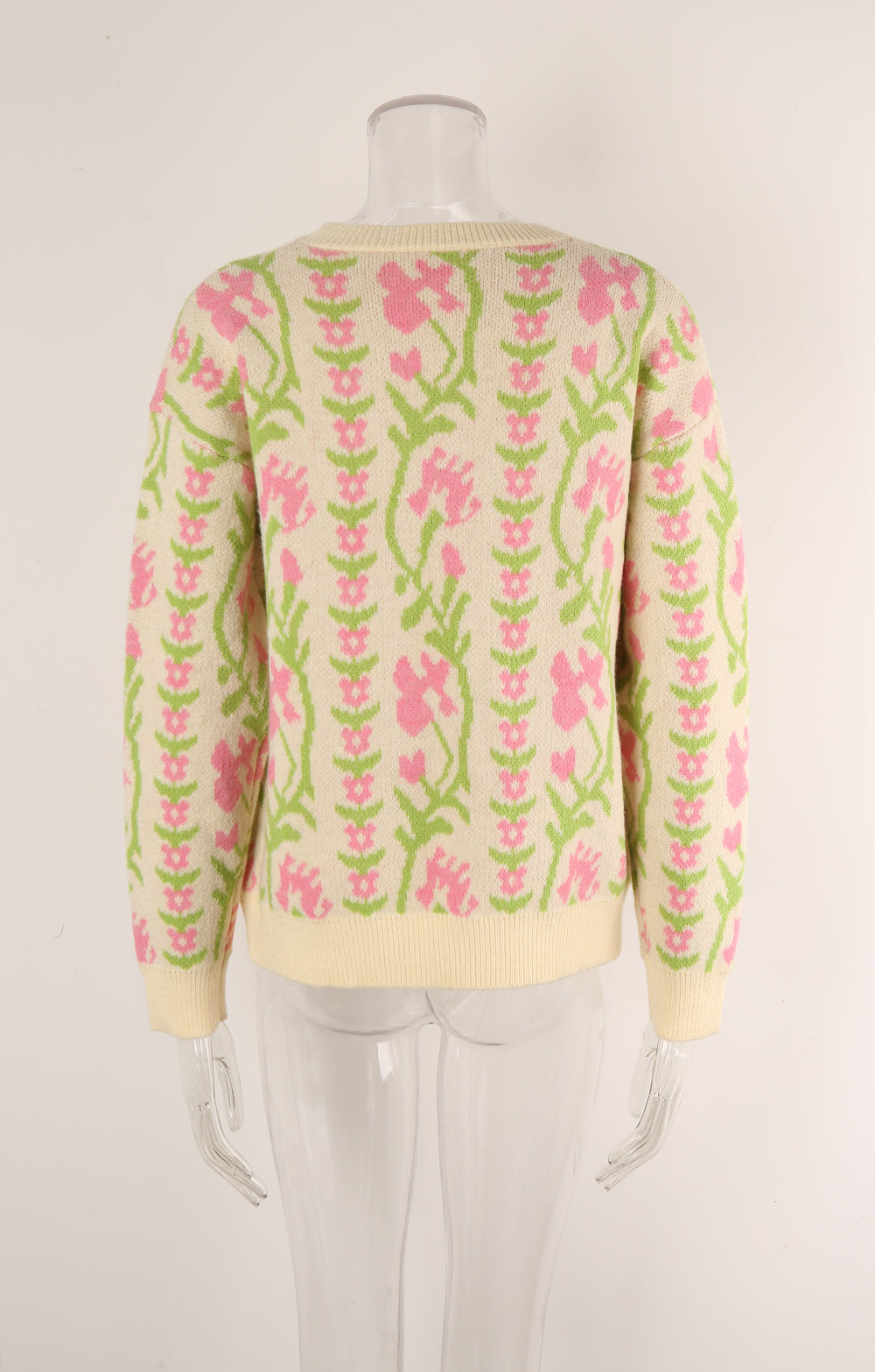 Women Jacquard Branch Round Neck Floral Sweater 13