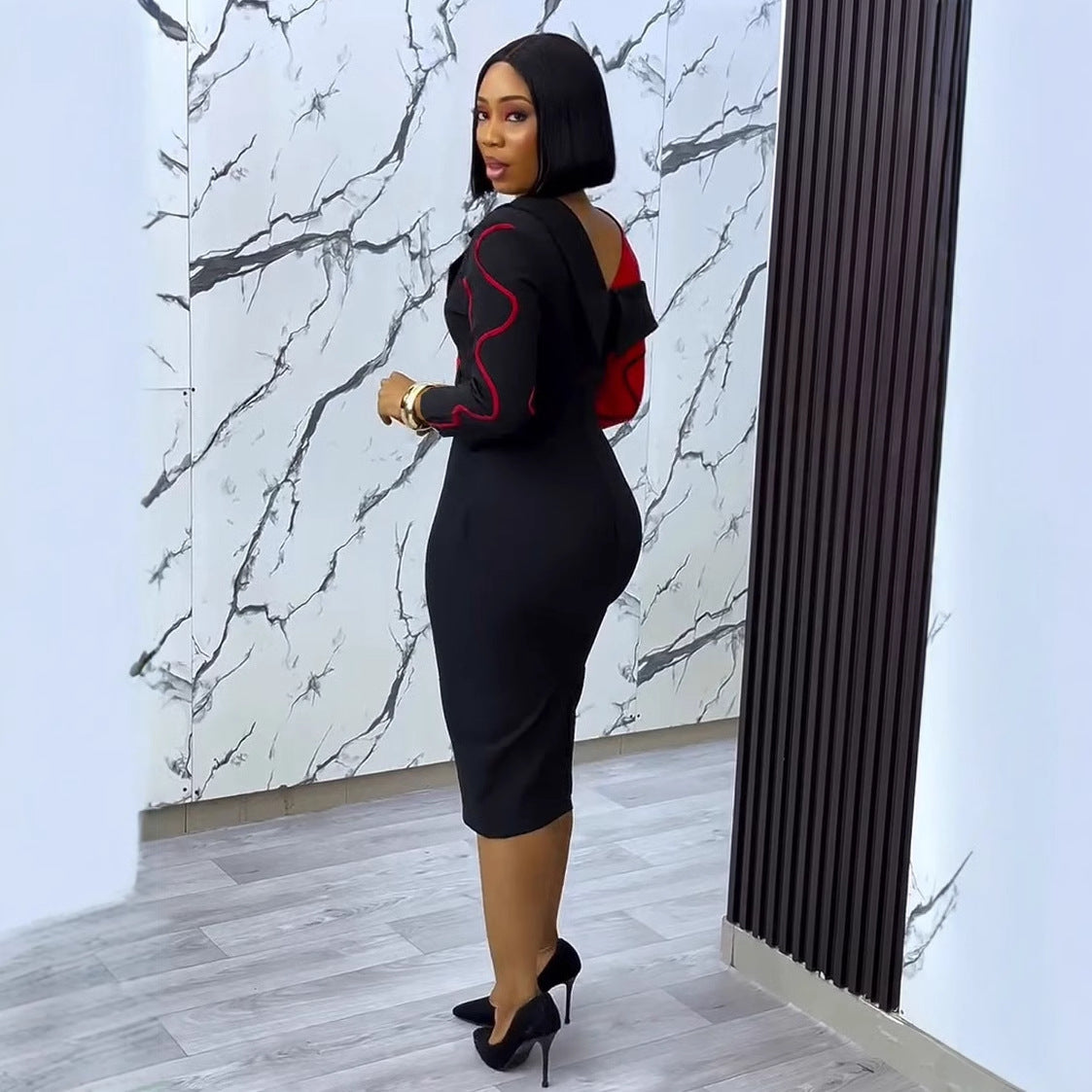 Contrast Color Patchwork V-Neck Bodycon Dress 5