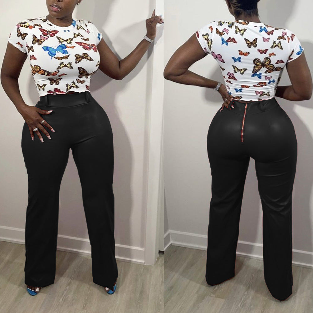 Solid Color Loose Wide-Leg Leather Pants with Back Zipper 3