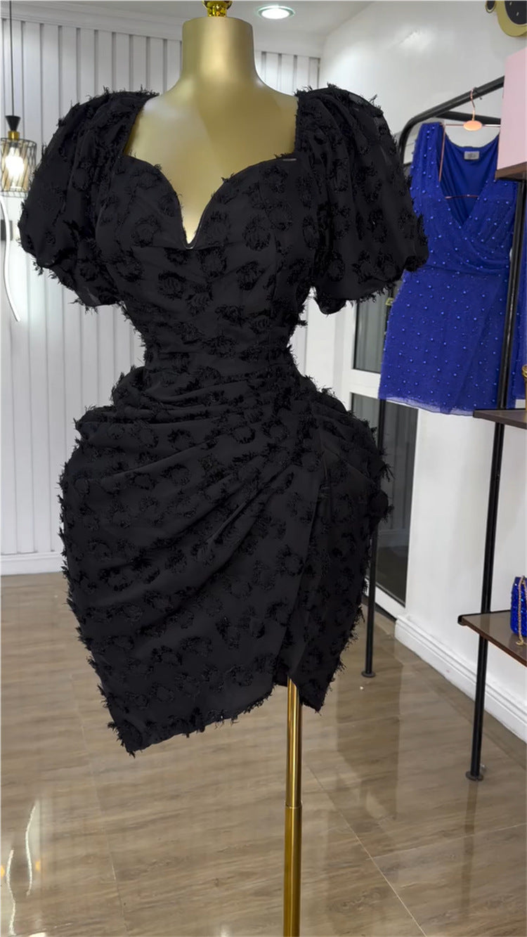 Women Spring Summer Sexy V-Neck Puff Sleeve Pleated Mini Dress