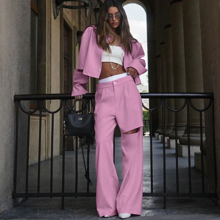 Fashion Women's Long Sleeve Hollow Ripped Top Wide Leg Pants Two Piece Set 6