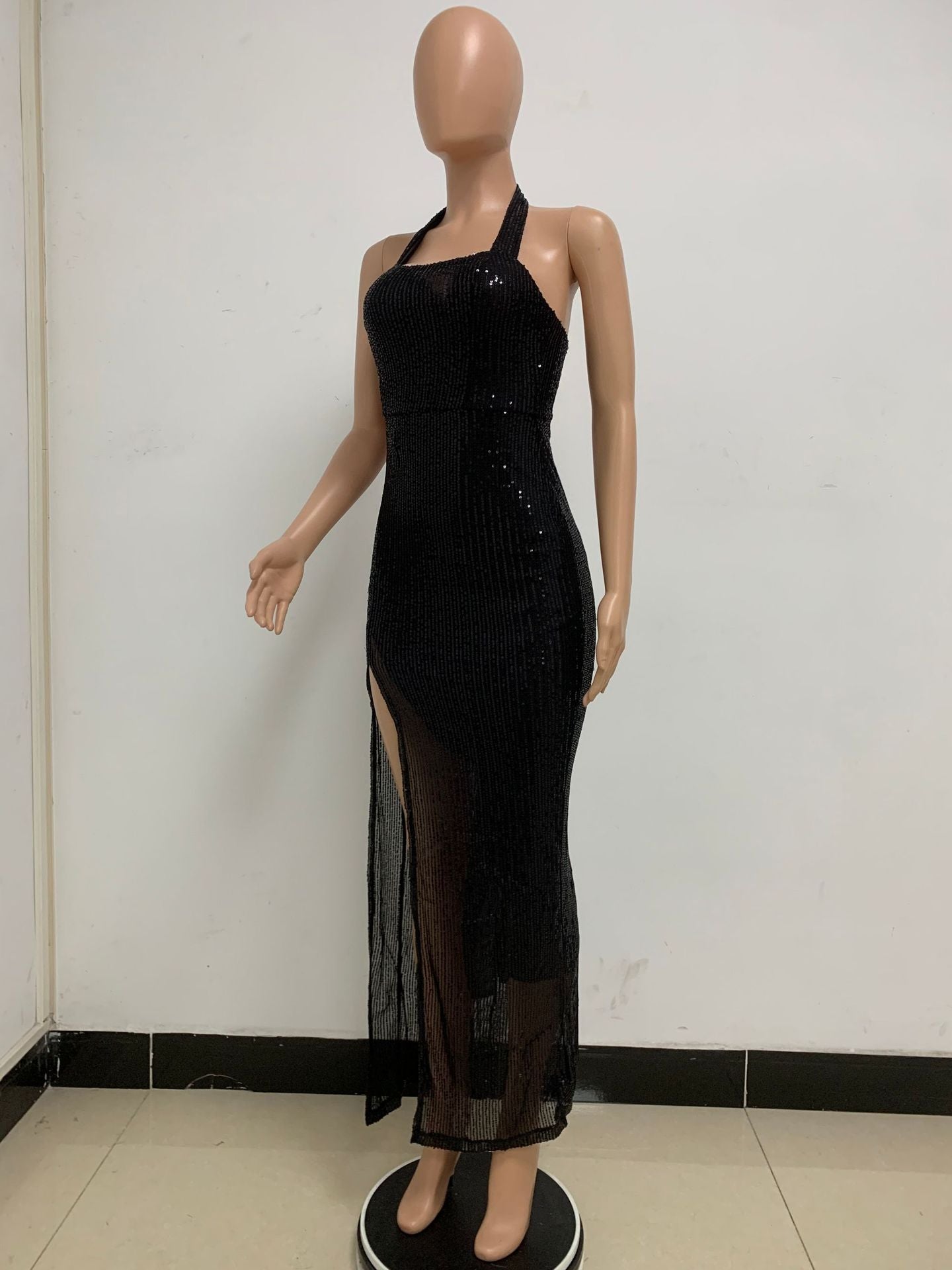 Women Sleeveless Halter Neck Backless Sequin Slit Evening Dress 77