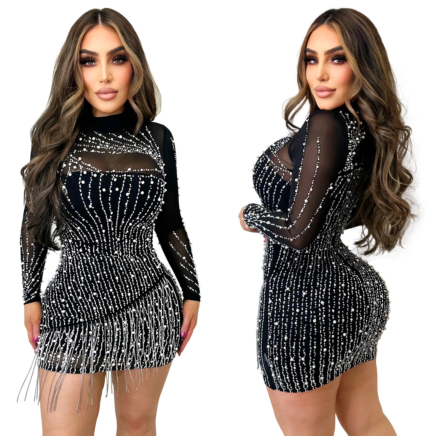 Fashion Ladies Long Sleeve Beaded Mesh See-Through Dress 5