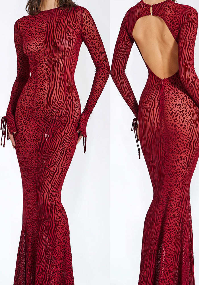 Sexy Low Back Bell Bottom Sleeve Fishtail Red Leopard Print Mesh Long Dress