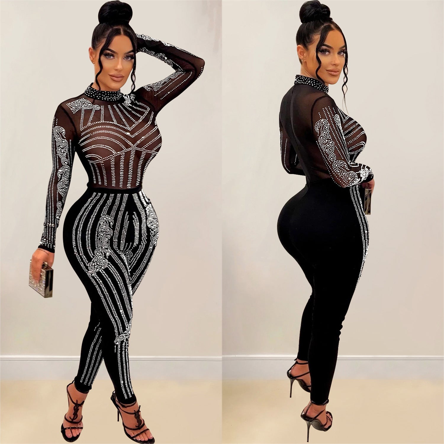 Women Solid Mesh Beaded Long Sleeve Jumpsuit
