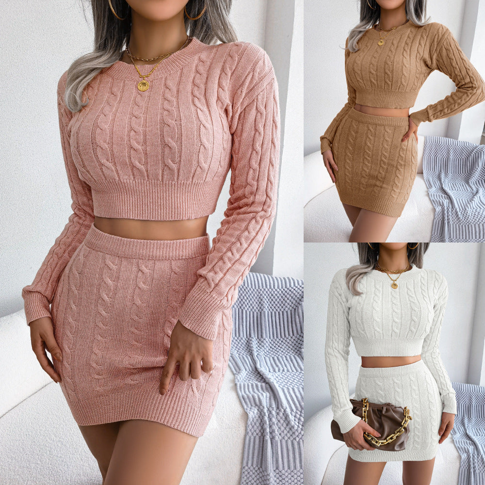 Women Fall/Winter Casual Twist Crop Sweater + Mini Skirt Two Piece