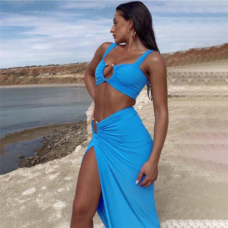 Spring Women's Sexy Crop Tank Top High Waist Slit Long Skirt Two Piece Set 10
