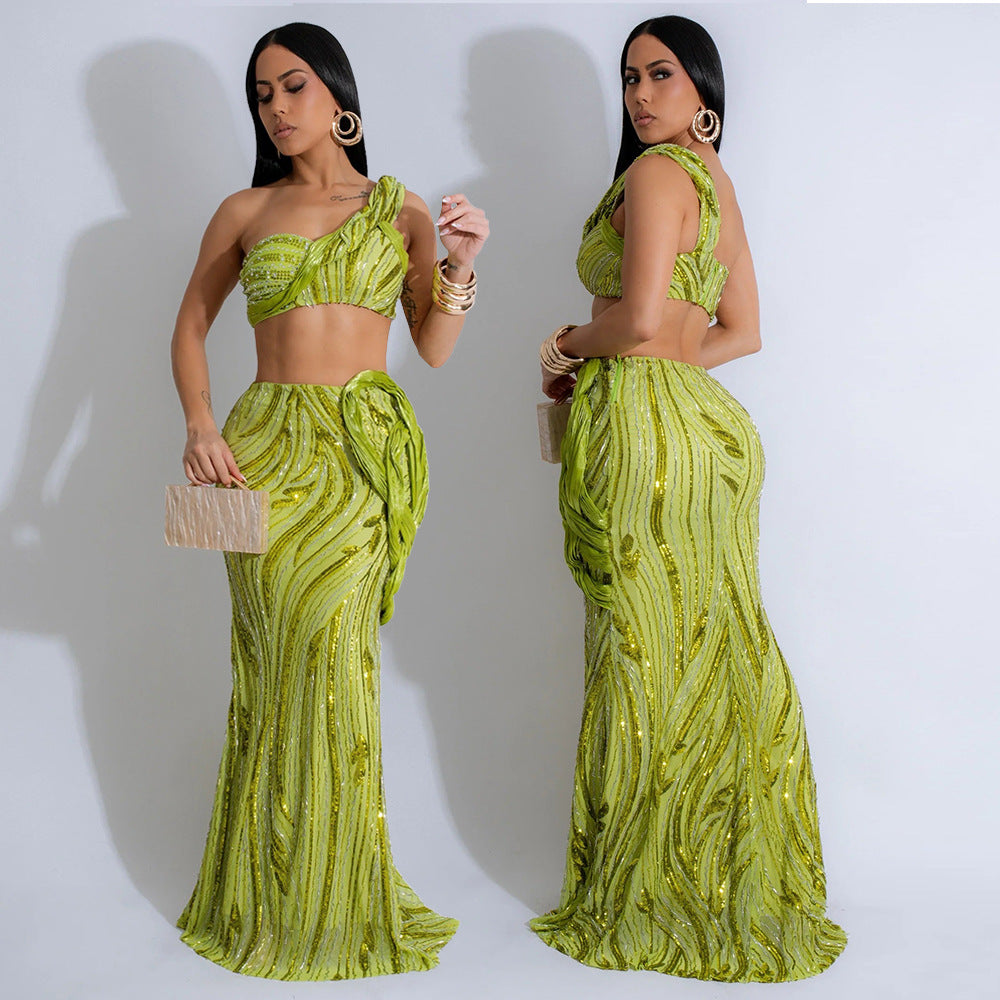 Women sleeveless one-shoulder Crop Top and sexy Bodycon skirt two-piece set