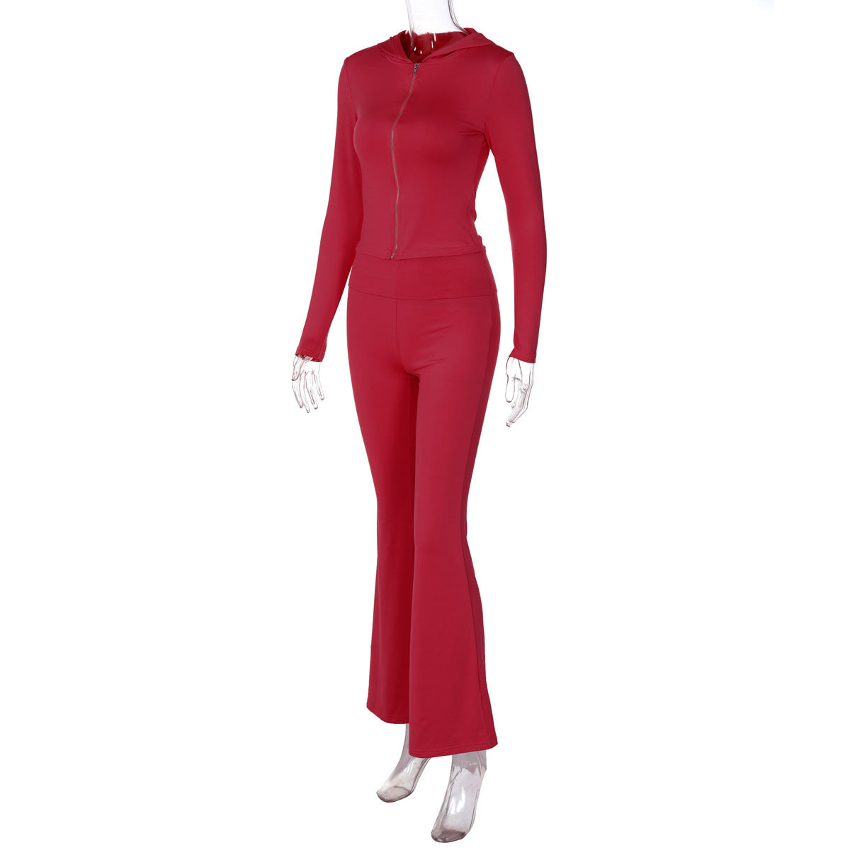 Women's autumn and winter zipper long sleeve hooded top Bell Bottom pants fashion Casual two piece set 36