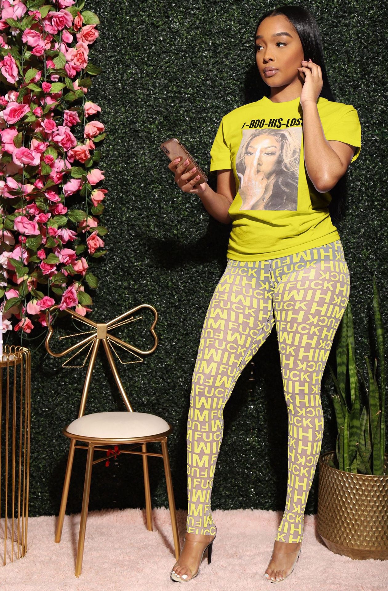 Women's Printed Short Sleeves T-Shirt See-Through Mesh Pants Two-Piece Set 5