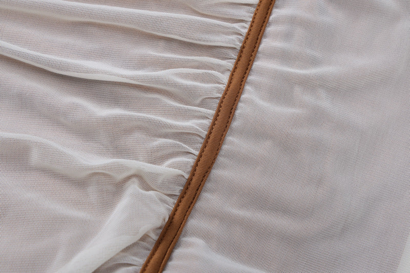 Spring Women Long Sleeve Mesh Patchwork Slash Shoulder Pleated Dress 14