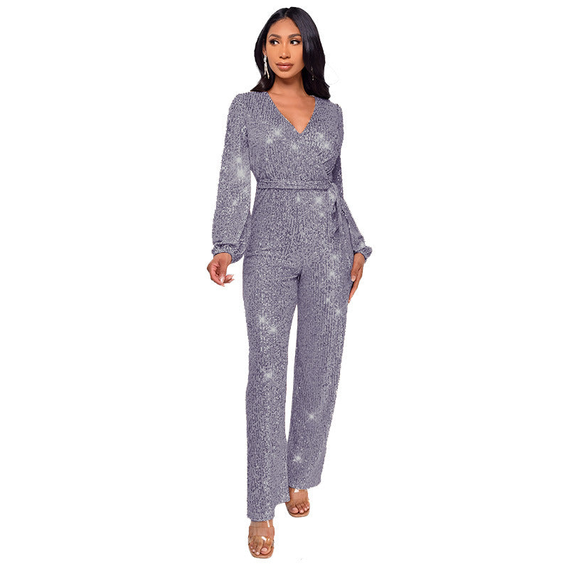 Fashion Casual Long Sleeve Belt Sequin Jumpsuit Women's Clothing 18