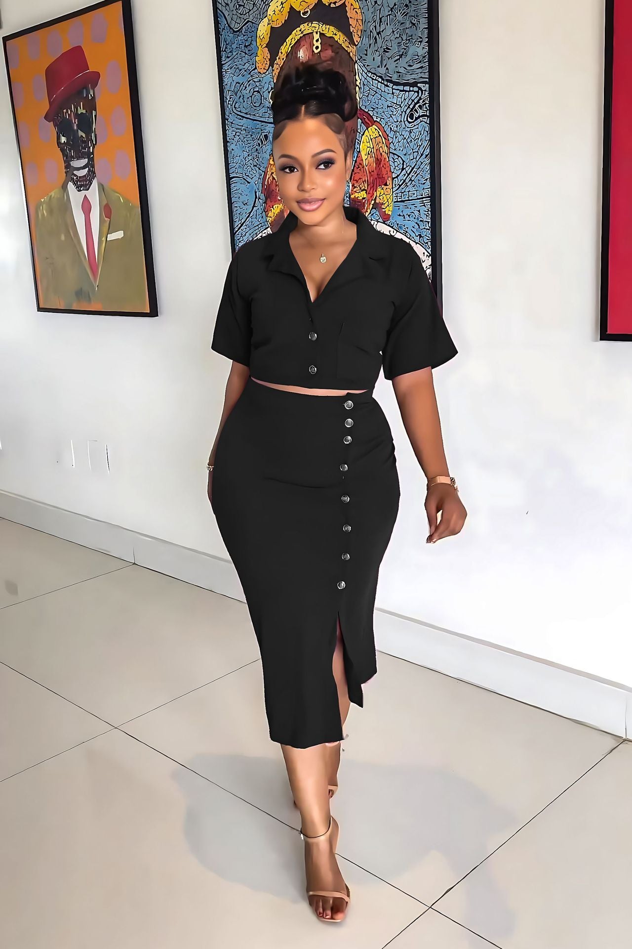 Women Summer Polo Neck Short Sleeve Blazer and Slit Skirt Career Two-Piece Set