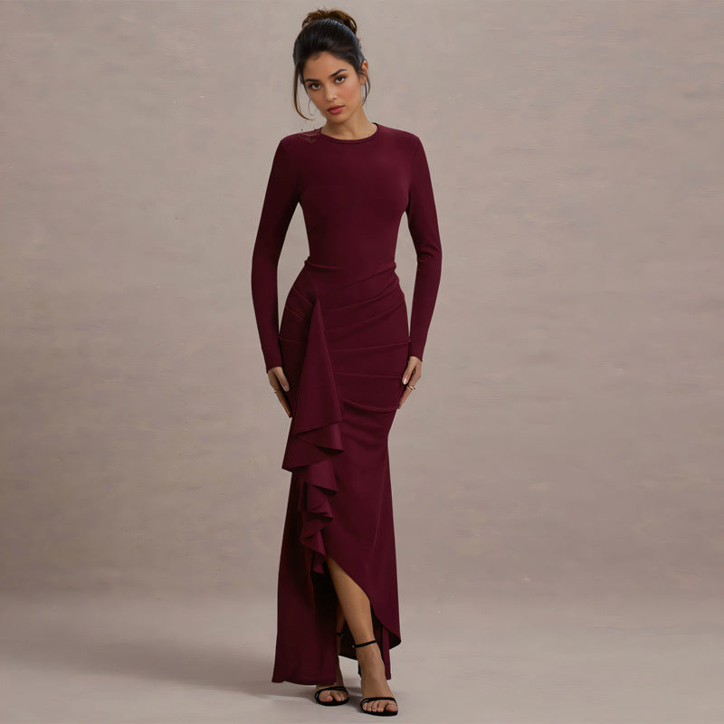 Long-Sleeve Thin Strap Slim Dress with Flounce for Fall and Winter 4