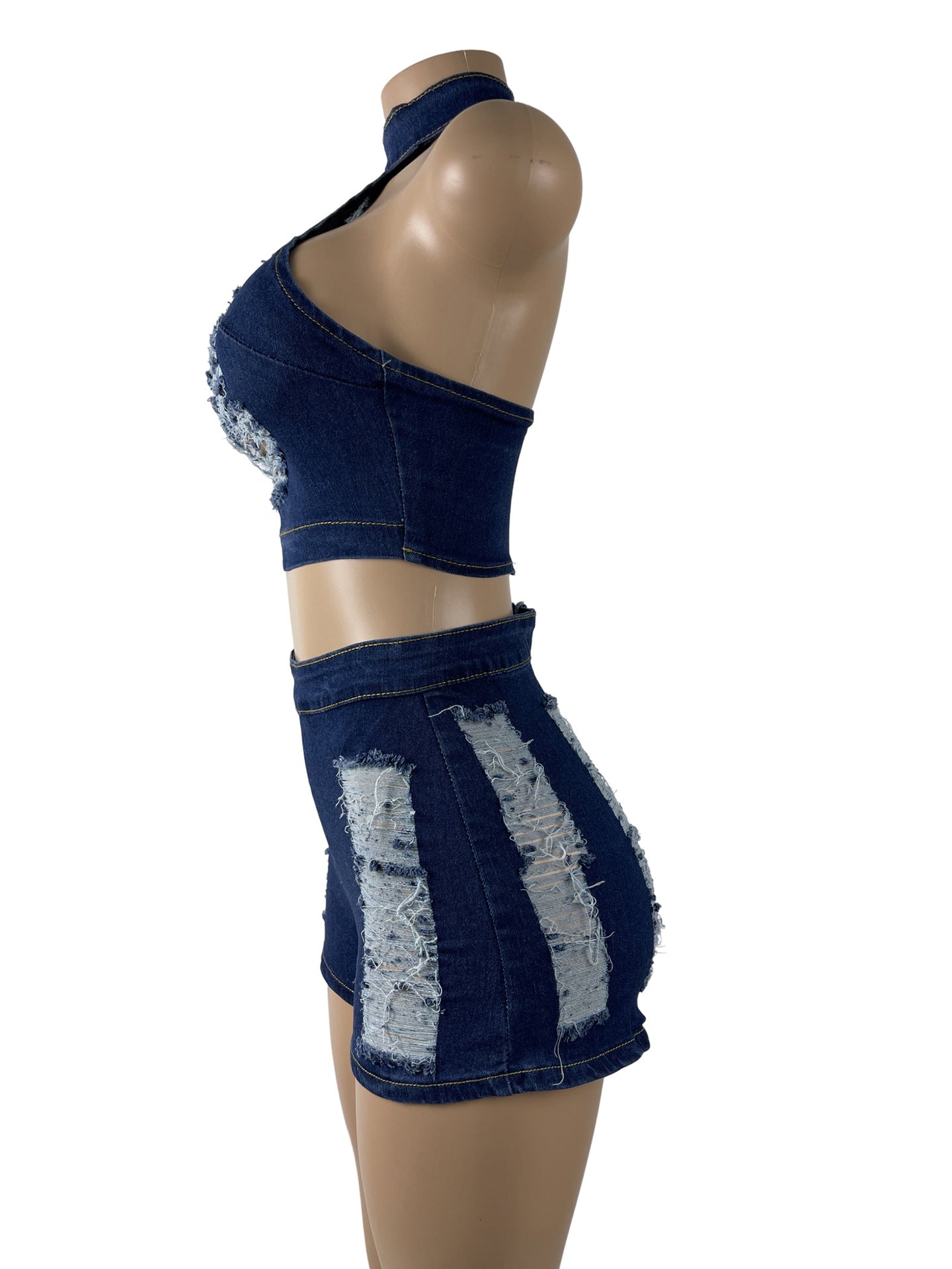 Women Stretch Ripped Strapless Denim Top and Denim Shorts Set of Two 18