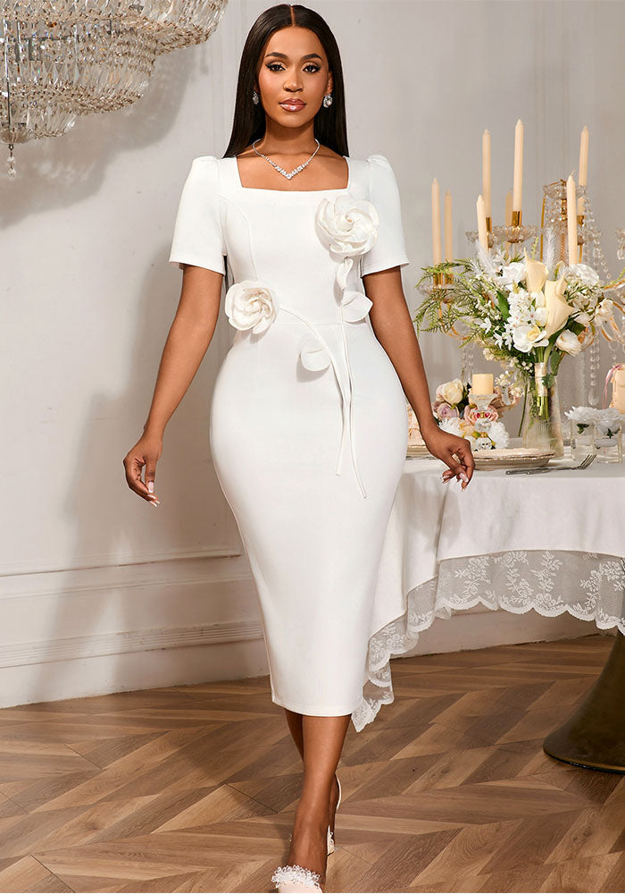 Elegant Square-Neck Ruffle High-Waist Bodycon Flower Formal Party Dress