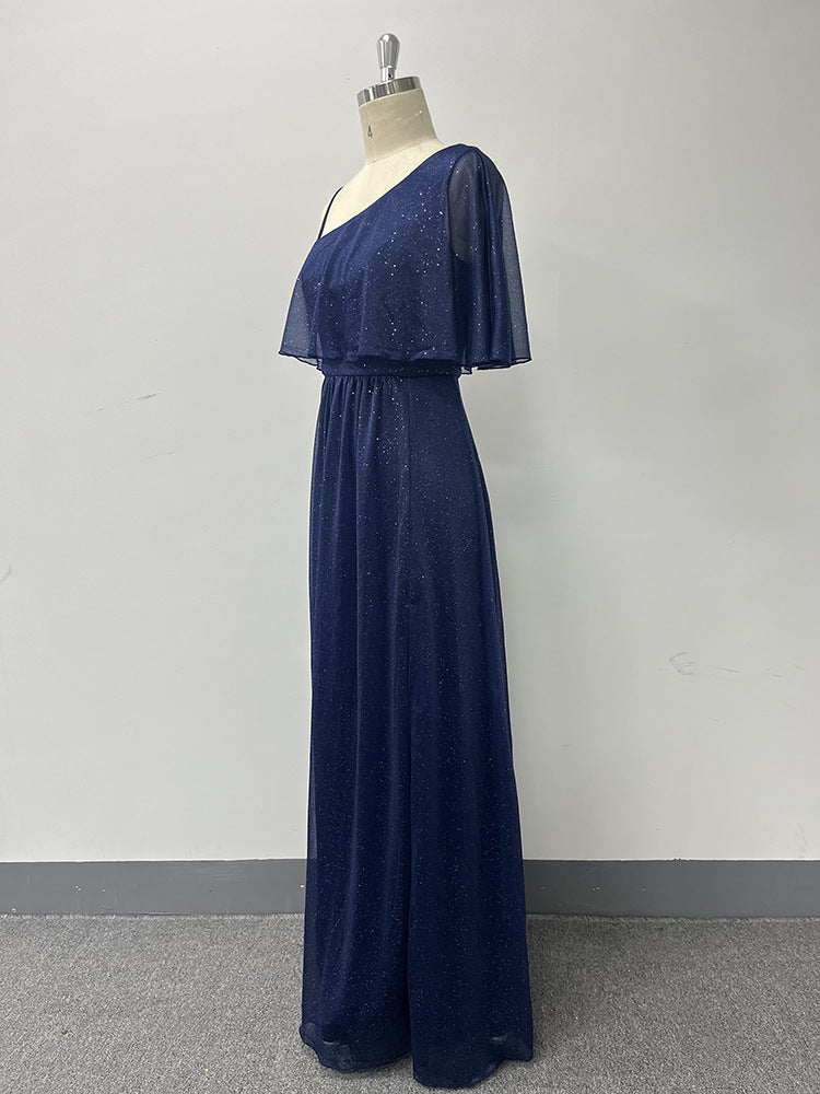 Ladies One Shoulder Short Sleeve Side Slit Evening Dress A-Line Shiny Long Party Prom 11