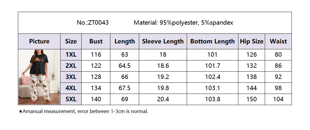Plus Size Women Cute Bear Printed T-shirts and Pants Pajamas Two Piece 4