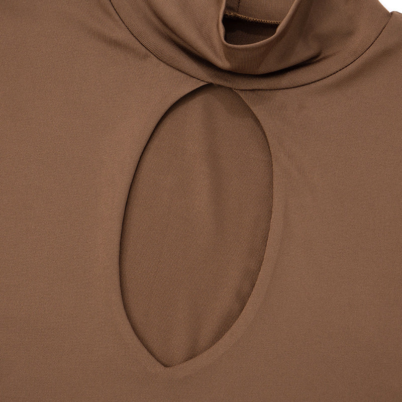 Women's Semi-High Round Neck Front Cut-Out Short Sleeve Crop Top Tight Fitting Cropped Pants Set 18