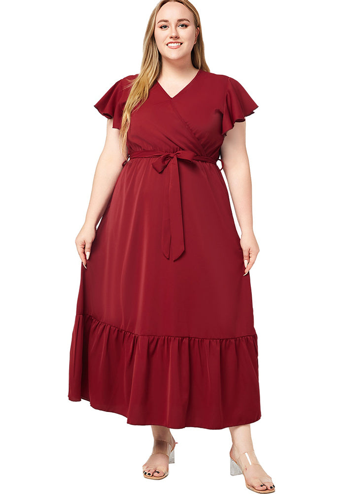 Plus Size Women Summer V Neck Short Sleeve Solid Dress
