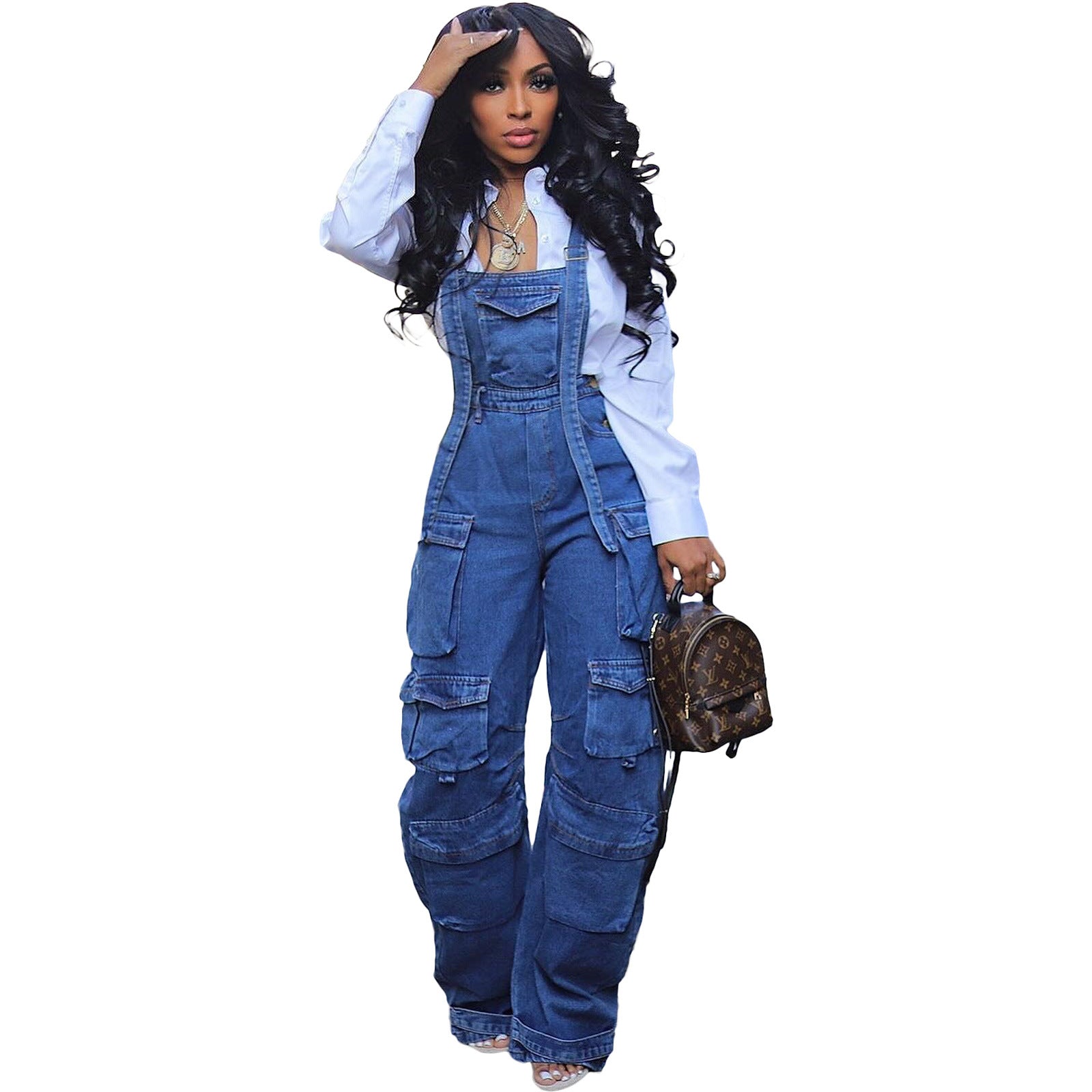 Women style washed Denim loose cargo overalls 10