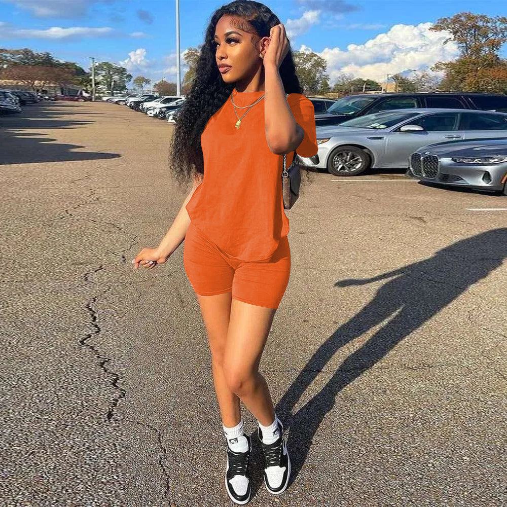 Women Summer Casual Short Sleeve Top + Shorts Sports Two-piece Set