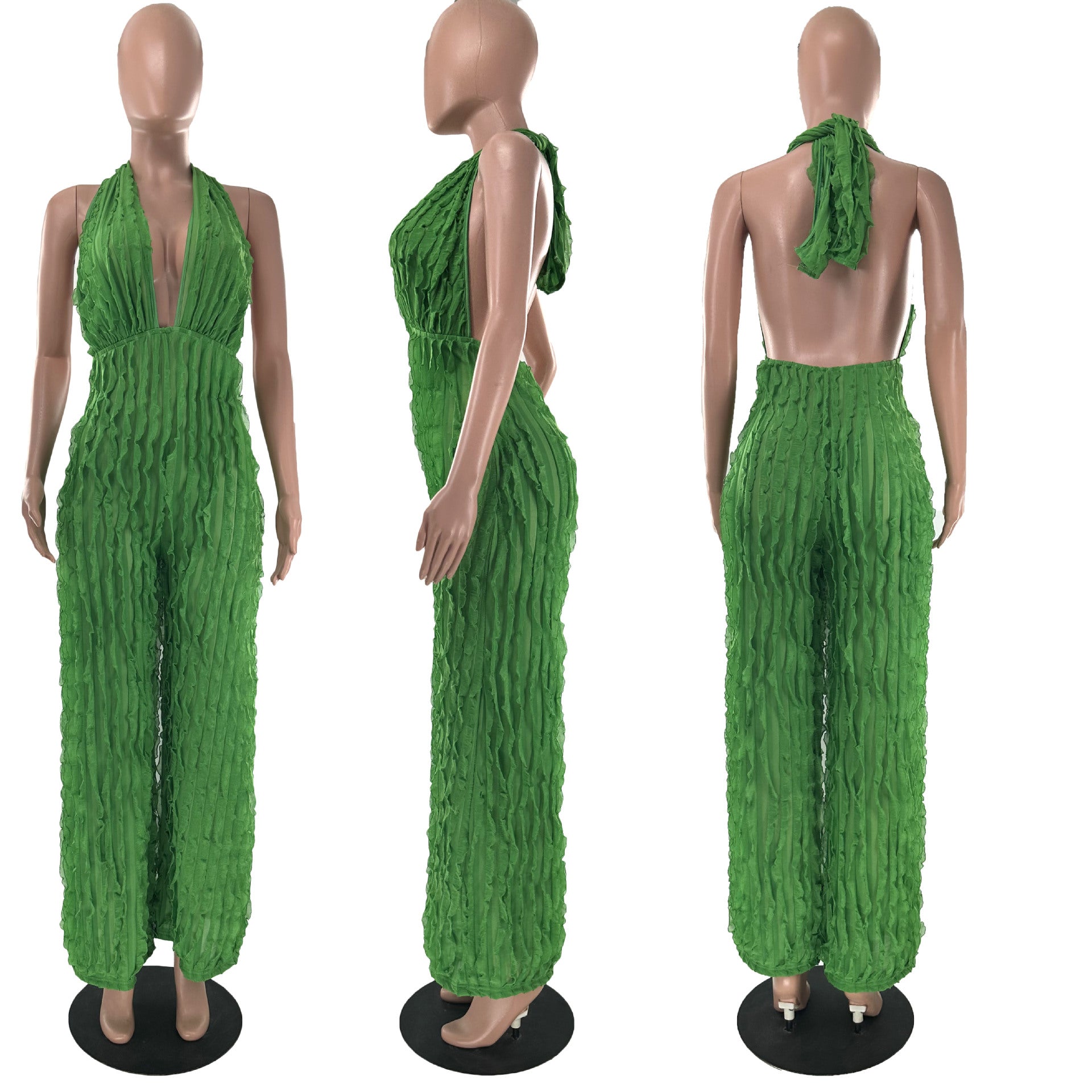 Women's Spring Summer Wavy Pattern Sexy Halter Backless High Waist Jumpsuit 17