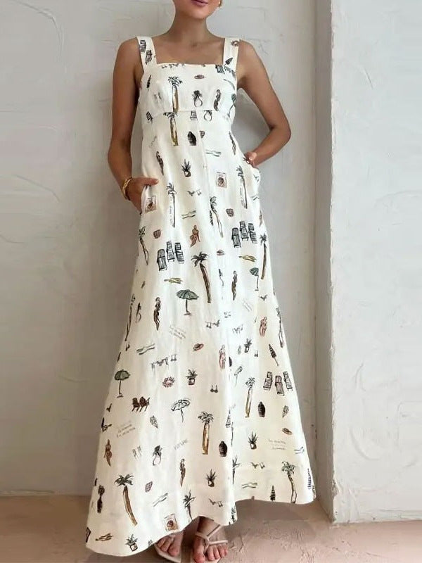Bow Lace-Up Summer Women's Printed Strap Casual Long Dress